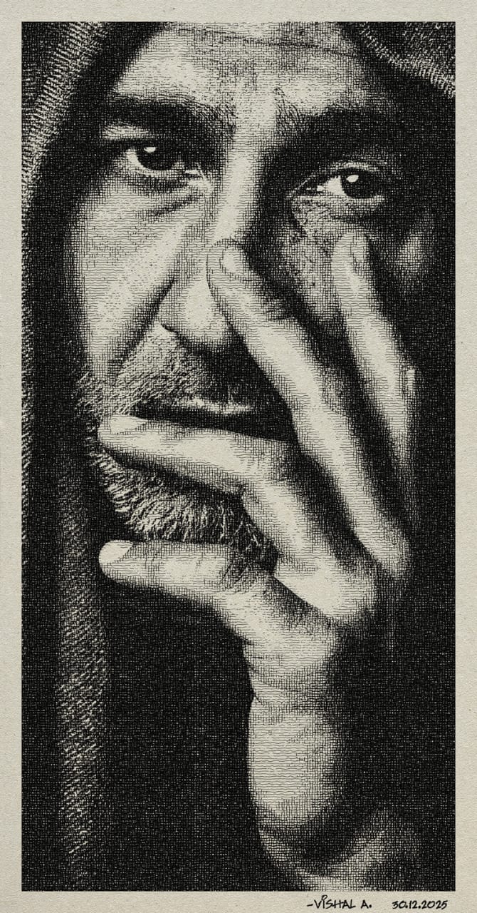 Closeup Portrait of man thinking about in view items as visible with his hand & expression.