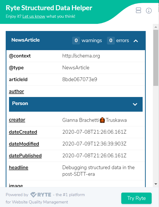 Screenshot of the Chrome Plugin Structured Data Helper by Ryte