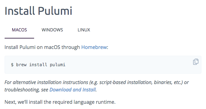 Instructions on how to install the Pulumi command for different operating systems