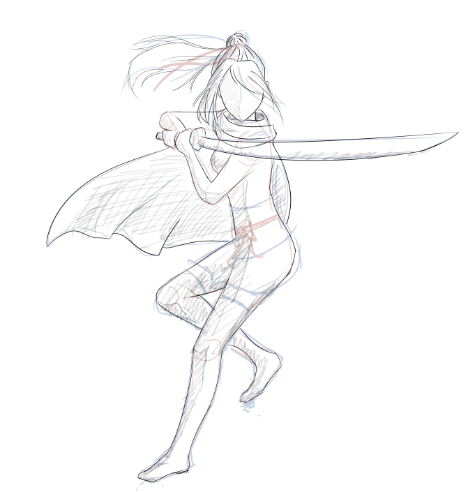 A sketch of a faceless female swordsman in a dramatic pose.