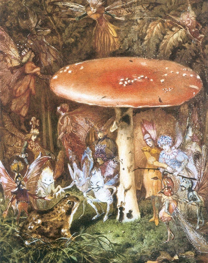 The Intruder (ca. 1860) by John Anster Fitzgerald, with a fly agaric centre stage — Source.