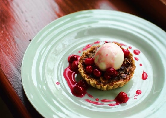Hanninen Hazelnut Butter Tart with Creme Fraiche Sorbet and Cranberry Compote