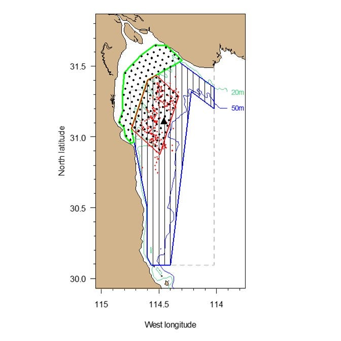 Fig. 1. Research design for the 2015 vaquita abundance study. The area to be sampled visually is outlined in blue, and visual transects are shown as black north-south lines. The area to be sampled acoustically is outlined in green, and acoustic sensor (C-POD) locations are shown as black points. The area to be sampled with both acoustic and visual methods (the calibration area) is outlined in red. The gillnet exclusion area is shown as a dashed gray line, the Vaquita Refuge Area as a thin gray line, and Consag Rocks as a black triangle. Depth contours of 20m and 50m are shown. 