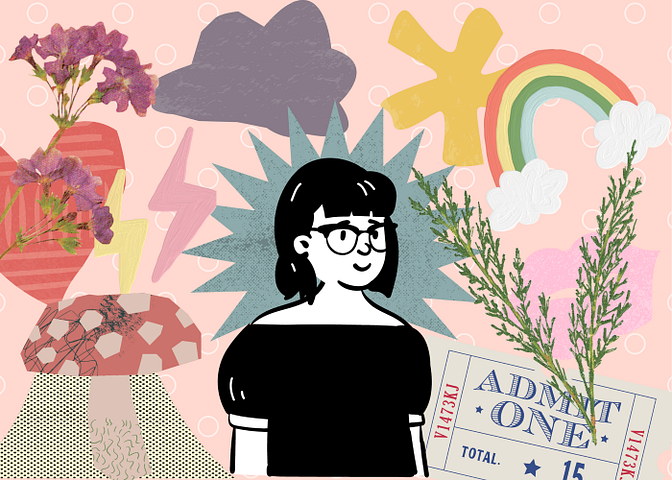 An illustration with a girl in the center surrounded by a heart, flowers, a mushroom, a cloud, a rainbow, and an admissions ticket