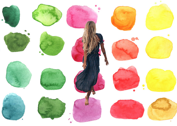 Girl walking barefoot and coloured paint dots in background.