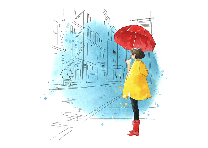 A girl with red boots, a yellow coat and a red umbrella looking at a street with a splash of blue