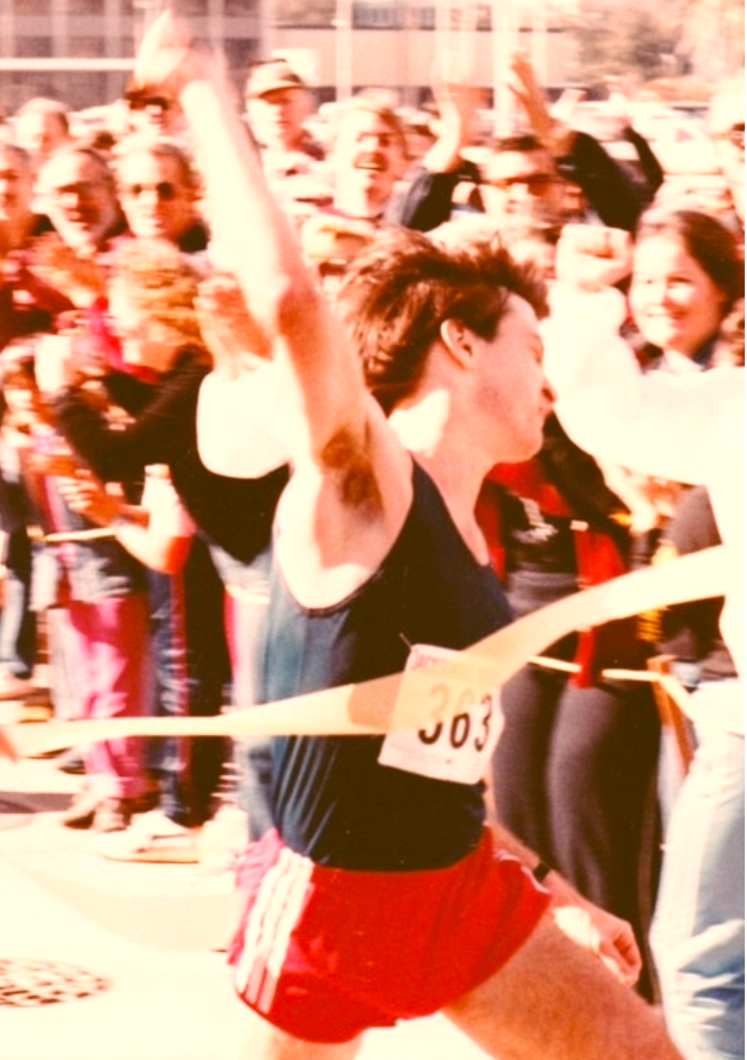 The light finally shining on me as I crossed the finish line as the Inaugural 1984 Jacksonville Marathon Champion