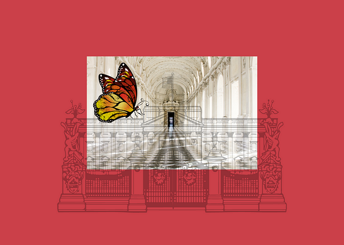 Buckingham Palace and a Monarch butterfly from King Charles’ portrait painting