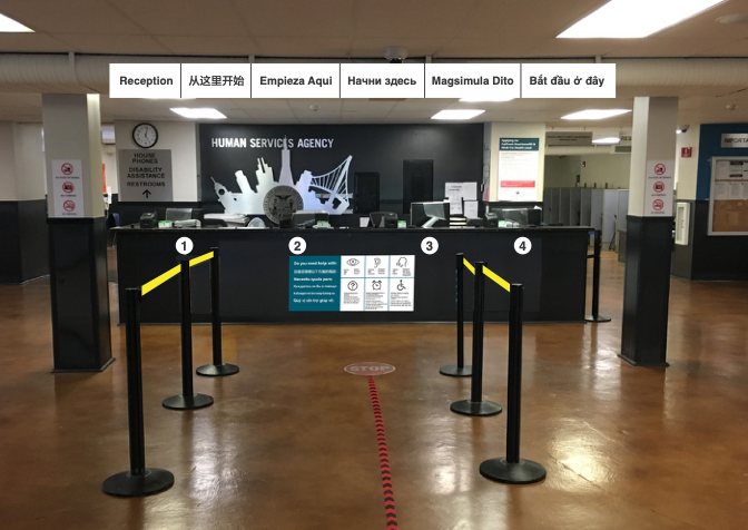 Photoshopped image of a lobby that shows what the future state may be after signage changes, including putting “Reception” above an information desk in English, Chinese, Spanish, Russian, Vietnamese and Tagalog. There is also signage about helping those with disabilities. The photo includes a red line on the ground for people to follow up to the information desk. The floor of the lobby appears to be brown and shinny. No people are in the photo.