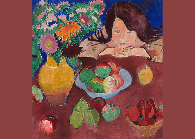 A painting of a girl at a table looking at an array of fruit.