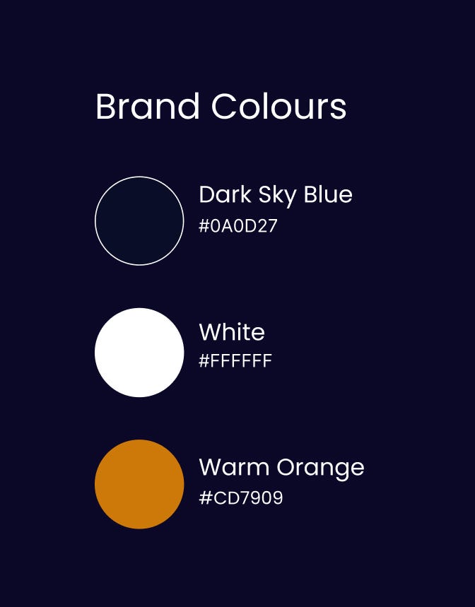The new brand colours: Dark Sky Blue (#0A0D27), White (#FFFFFF), Warm Orange (#CD7909)