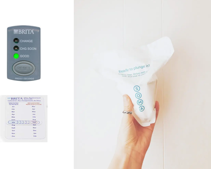 left: brita filter change reminders and calendars. right: soma water filter subscription.