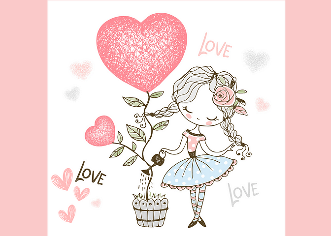 A cartoon girl watering a plant with a loveheart growing.