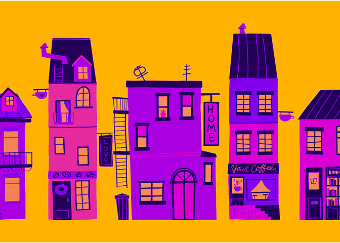 A line drawing of a row of houses colored purple with an orange background.