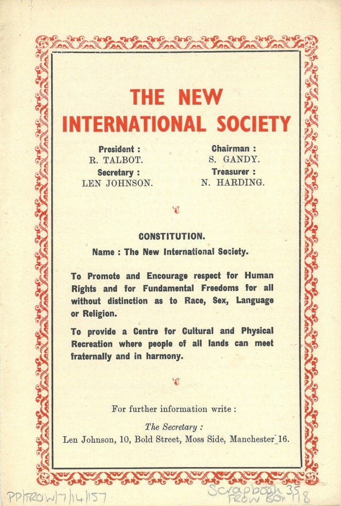 Printed constitution for the New International Society. The poster is yellow (whether through age or design) and it is bordered in a red decorative pattern. The text records the constitution and main aims of this organisation ‘to promote respect for human rights …without distinction as to Race, Sex, Language or Freedom’