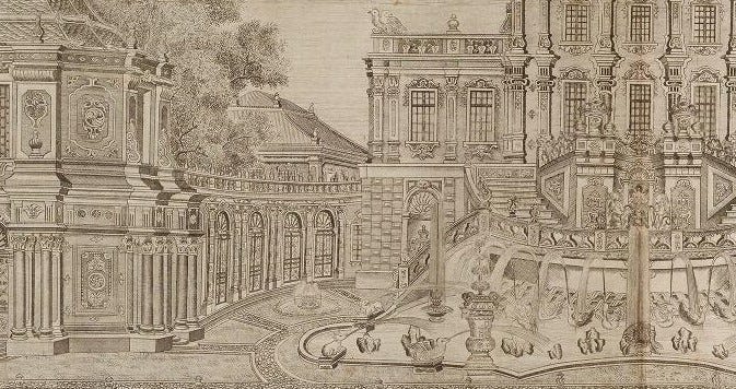 Lower storey of left side of a palace. In front, an elaborate fountain and ornamented pool with several jets emerging from birds’ beaks. The central jet falls from a monkey watched by four onlookers.