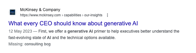 McKinsey showing on Google search results ‘what every CEO should know about generative AI’