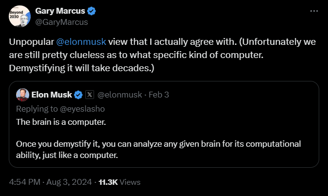 A screenshot of a post made by Gary Marcus on X quote-tweeting Elon Musk who compares the brain to a computer.