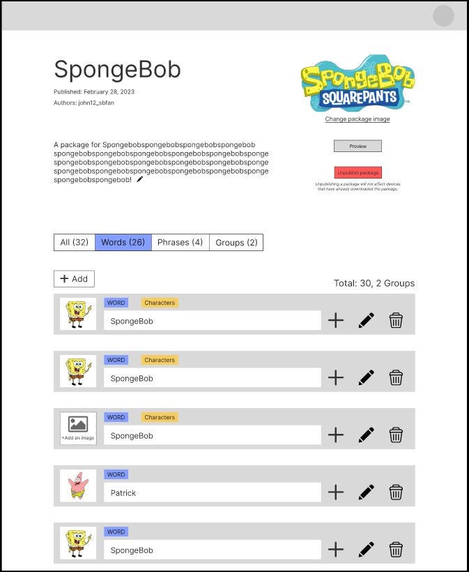An image of the authors’ Figma prototype of their community word library creation interface for SpongeBob SquarePants. “Words” is highlighted in blue and shows terms categorized under it.