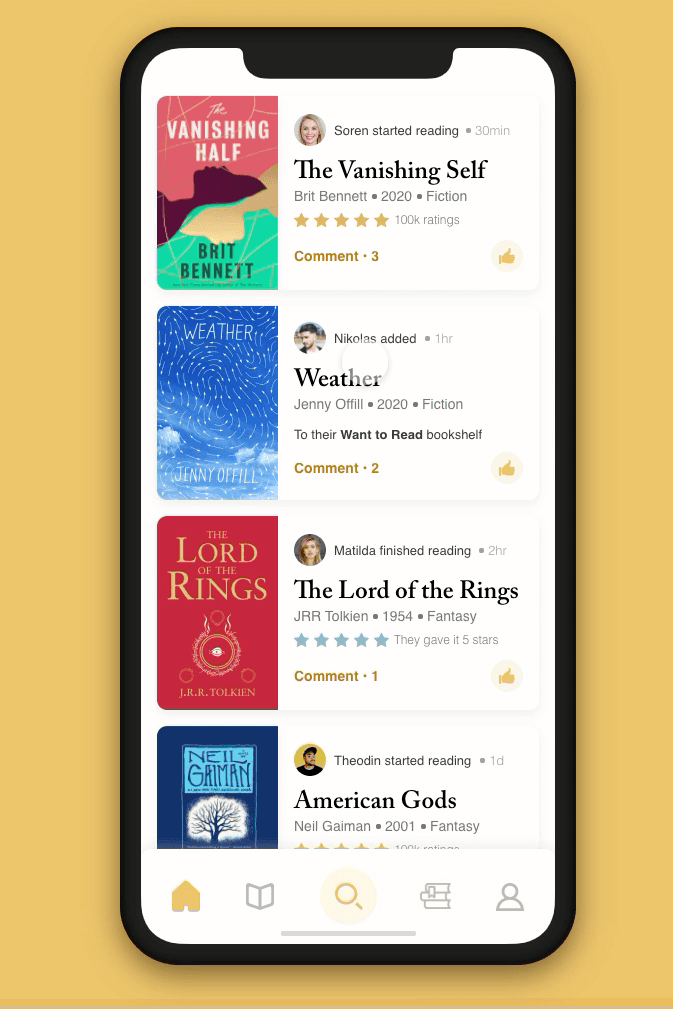 Updated Goodreads design — GIF of user scrolling home page/stream. Tapping to expose comments.