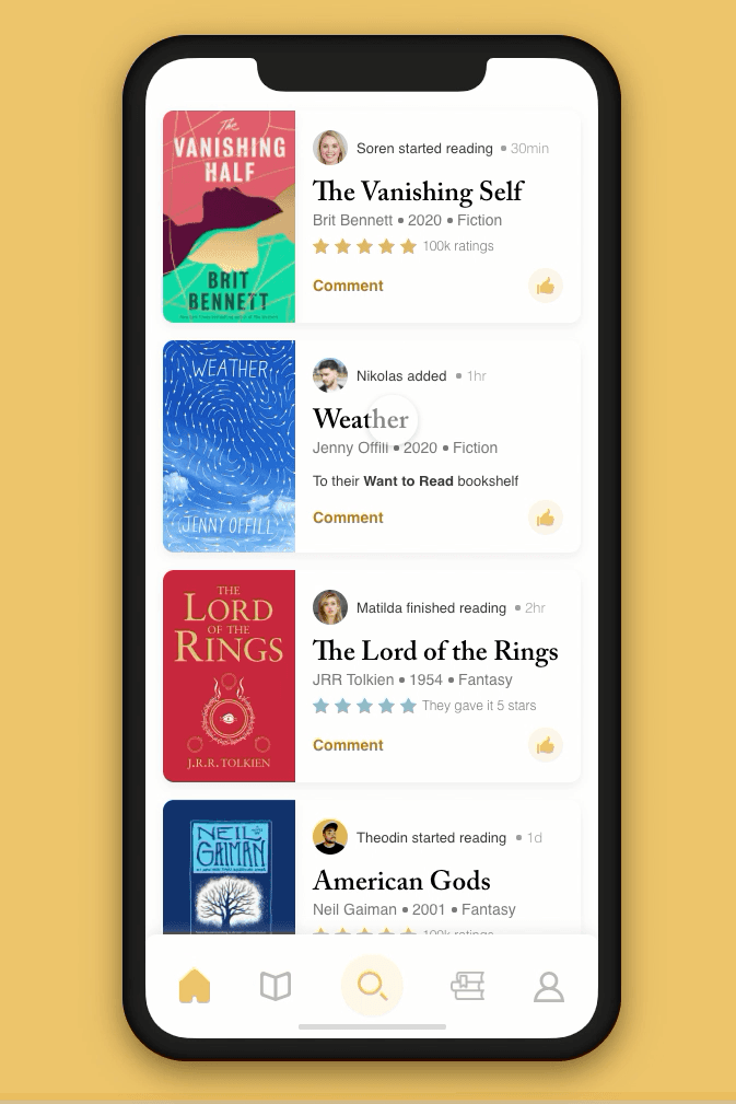 Updated Goodreads design — GIF of home page/stream, tapping on book to expose bottom sheet