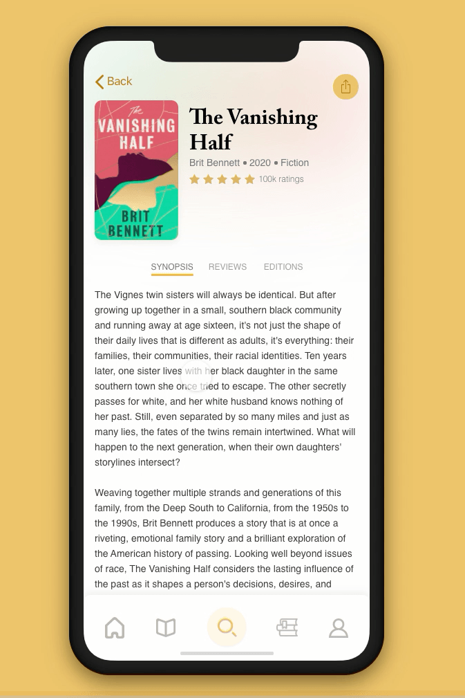 Updated Goodreads design — GIF of tabbing through synopsis, reviews, and editions
