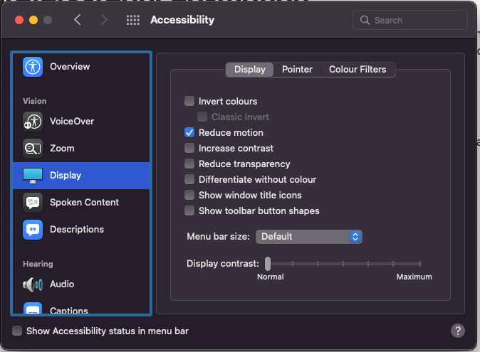Reduce motion setting on Mac OS Monterey