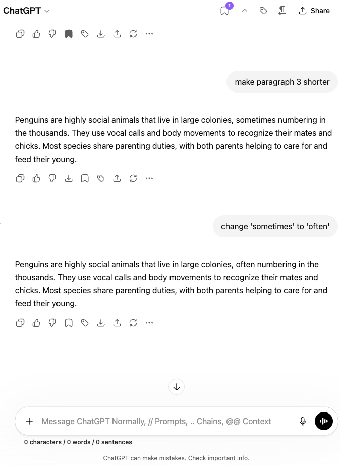 ChatGPT conversation thread containing fifteen alternating user and assistant messages, all plain text, showing a user iteratively refining a single document by typing prose corrections like “make paragraph 3 shorter” and “change ‘sometimes’ to ‘often’”