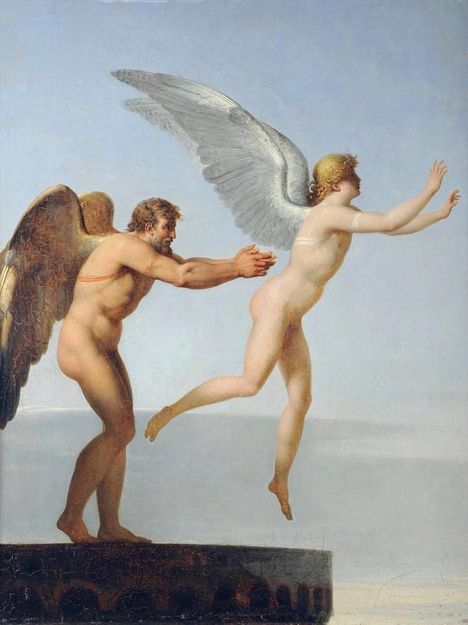 Painting by Charles Paul Langdon, 1799, Daedalus and Icarus. Daedalus pushes Icarus from the edge of a tower to teach him to fly.