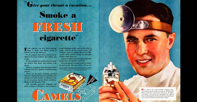 A photo of a Camels vintage ad reads “Give your throat a vacation… Smoke a fresh cigarette”.