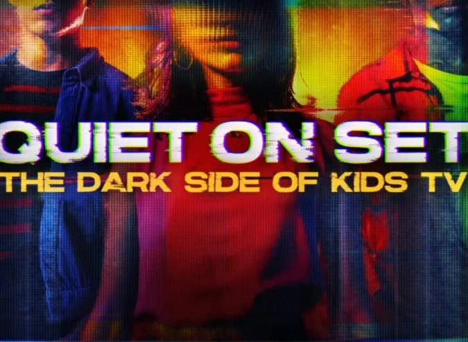 With a glitchy-type photograph, three faceless children take up the entire image. In white text, “Quiet on Set” and below in yellow, “The Dark Side Of Kids TV” in the middle of the photo.