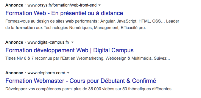 Annonces Google Ads pour l’expression-clé ‘formation web’