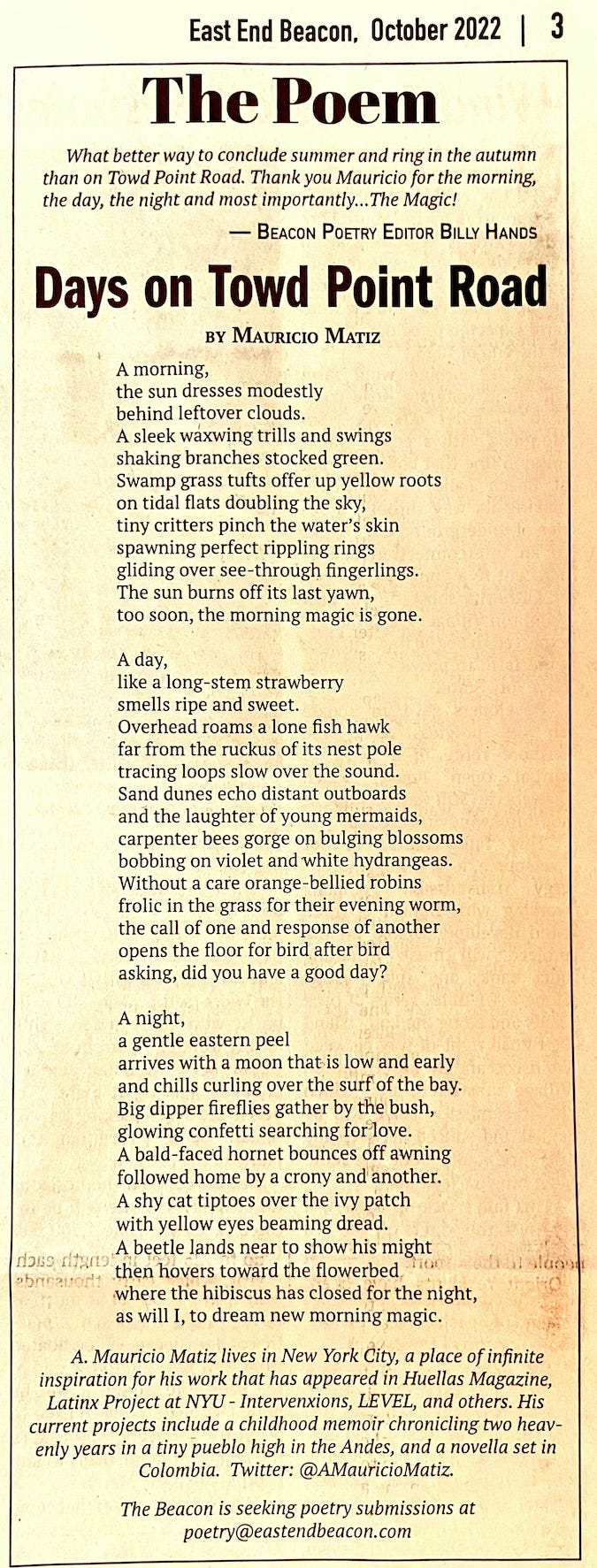 Scan of poem from the East End Beacon newspaper, October 2022 issue.