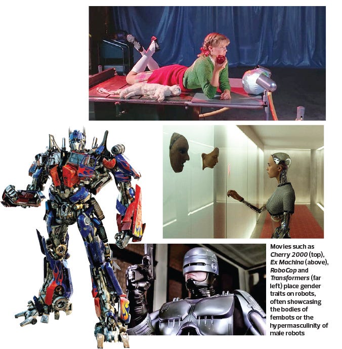 Movies such as Cherry 2000 (top), Ex Machina, RoboCop and Transformers place gendered traits on robots, often showcasing the bodies of fembots or the hypermasculinity of male robots.