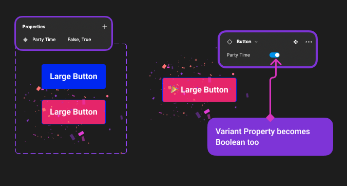 Shows how you can give Boolean values to variant properties, and get the switcher UI on the right panel