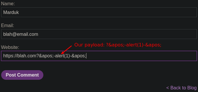 Bottom portion of filled out comment form with https://blah.com?&apos;-alert(1)-&apos; in website.