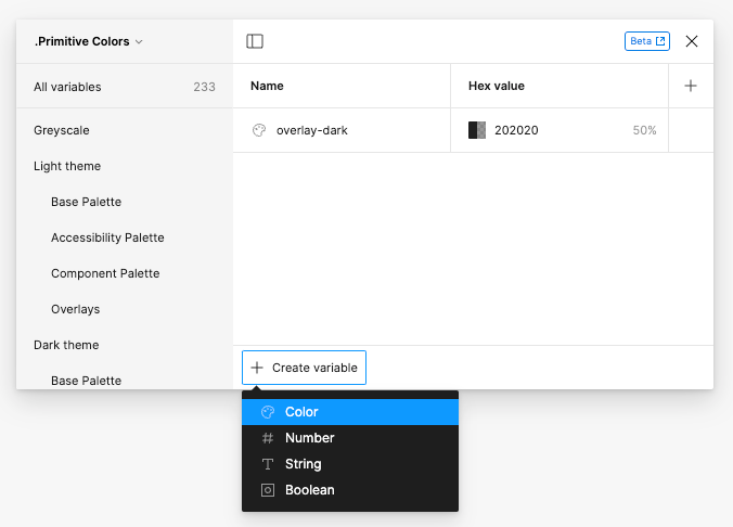 Image showing how to create a color variable in Figma by selecting “Create variable” on the non-modal