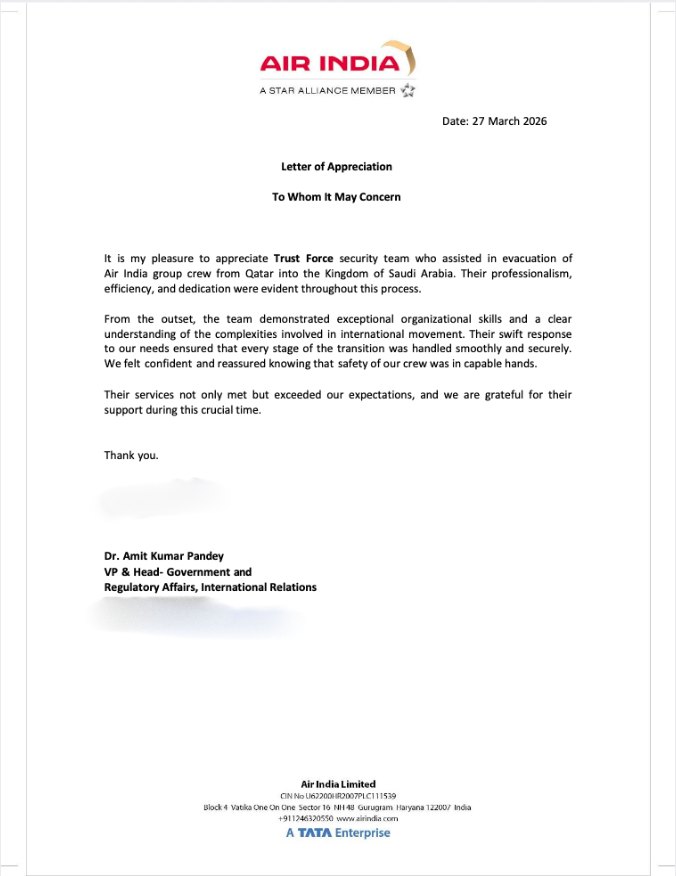 Air India Letter of Appreciation for Trust Force Security’s Qatar to S