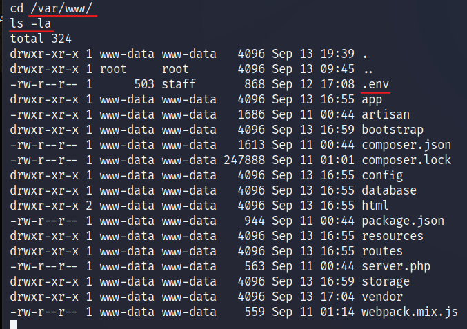 Here we take notice that there is a .env file in the /var/www/ directory.