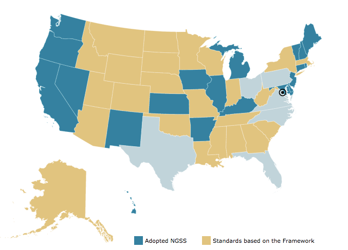 Map of the United States highlights states that adopted the NGSS in dark blue, yellow for standards, light blue for neither.