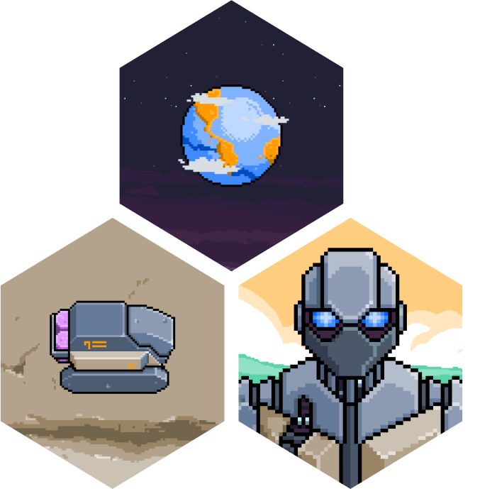 Art depicting a planet, a combat unit, and a robotic player portrait.