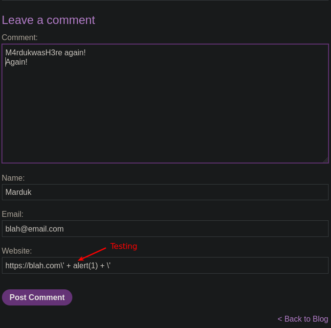 Comment form filled in again with https://blah.com\'+alert(1)+\' as the website.