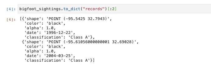 A screenshot showing using DataFrame’s to_dict() method