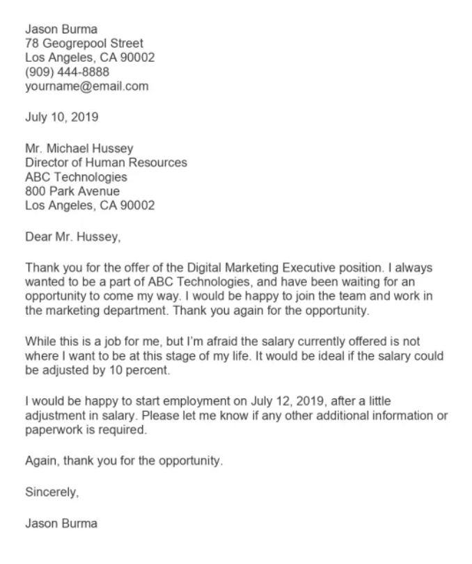 sample for thank you job offer letter