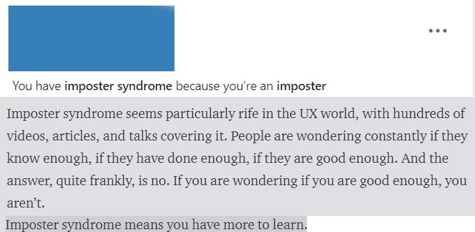 Screenshot of an article published on Medium stating: “you have imposter syndrome because you’re an imposter” and “Imposter syndrome means you have more to learn”