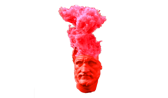 red philosopher head with read smoke coming out of the top