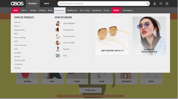 A screenshot of the ASOS website navigation where one submenu is selected and expanded
